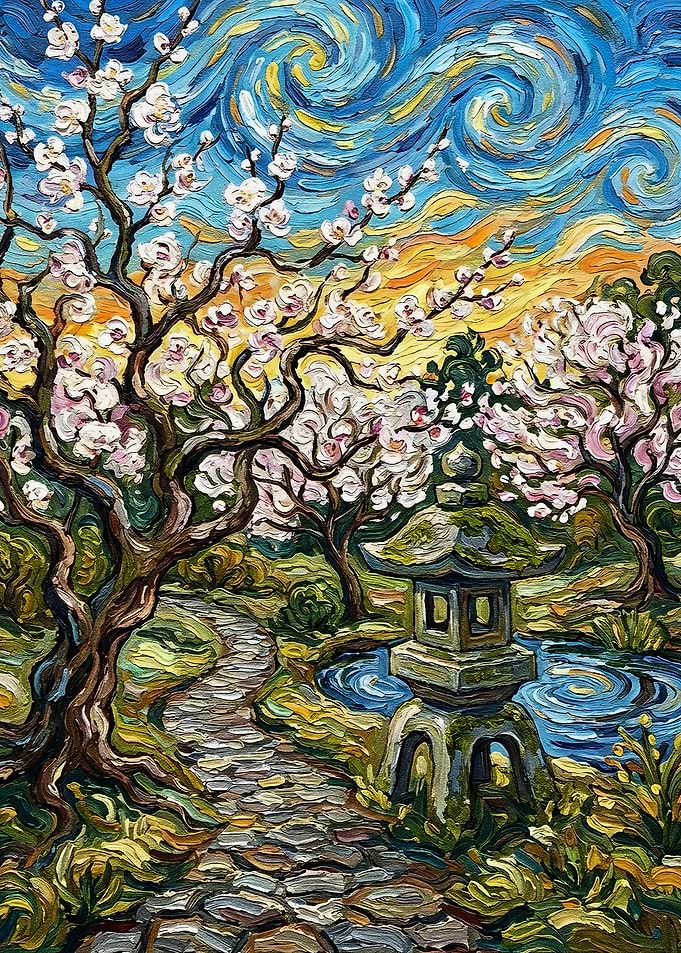 Japanese Garden Painting with Blossoms and Pagoda