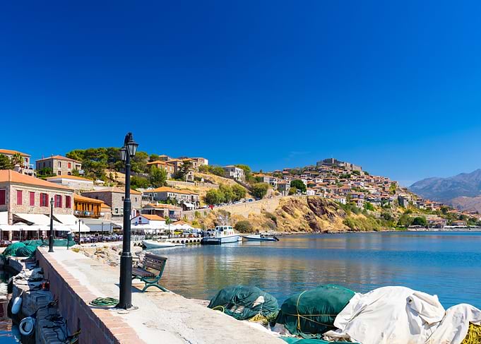 Picturesque coastal town under a clear sky, Lesbos