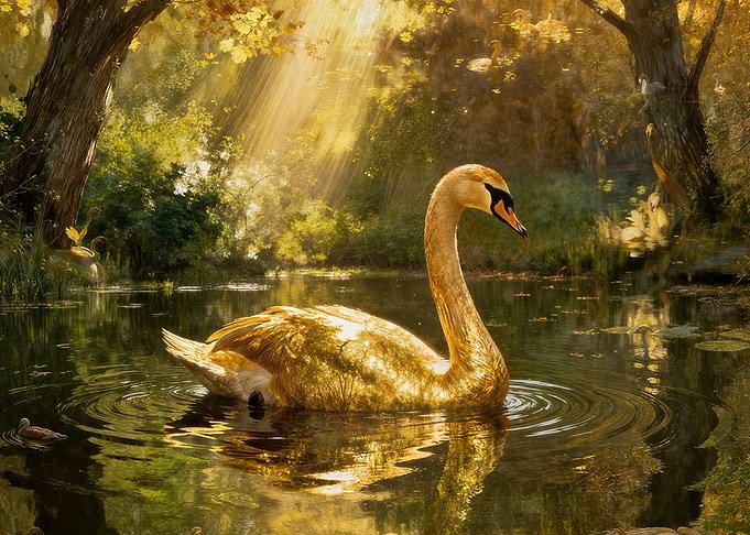 Golden Swan in Sunlit Pond