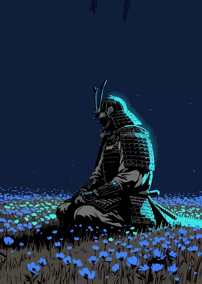 Samurai in Field of Blue Flowers