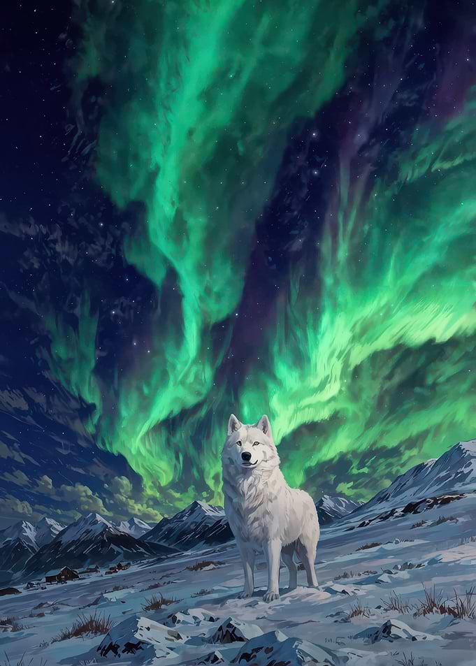 White Wolf Under Aurora Borealis