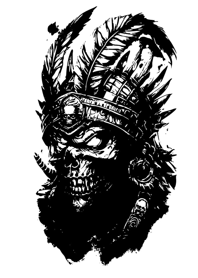 Aztec Skull Warrior Black and White