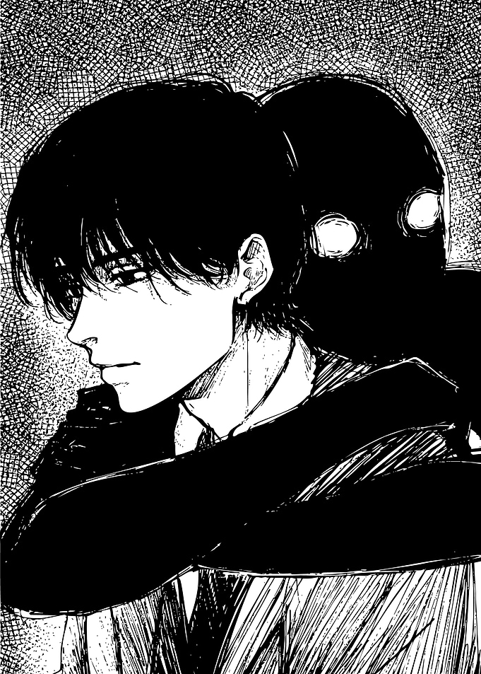 Monochrome Anime Character with Shadow Figure