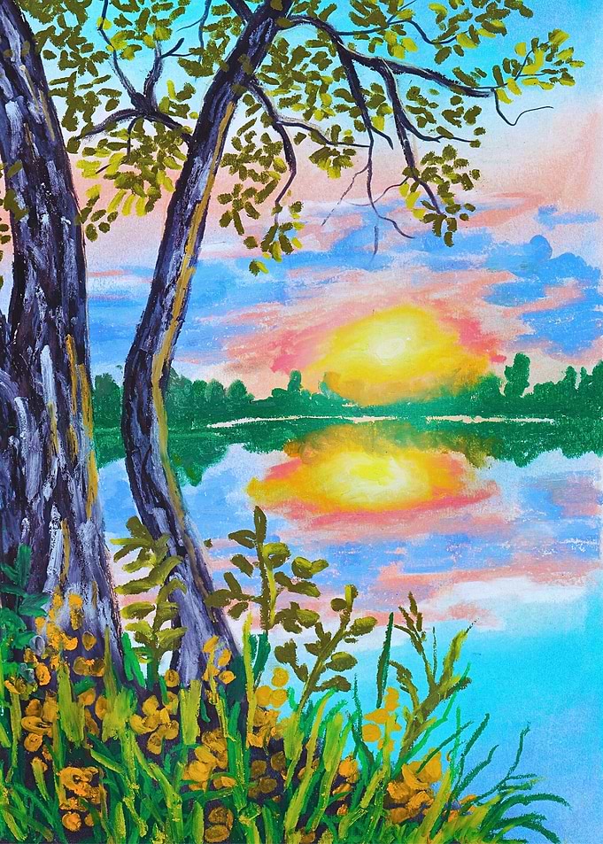 Pastel Sunset Landscape with Trees