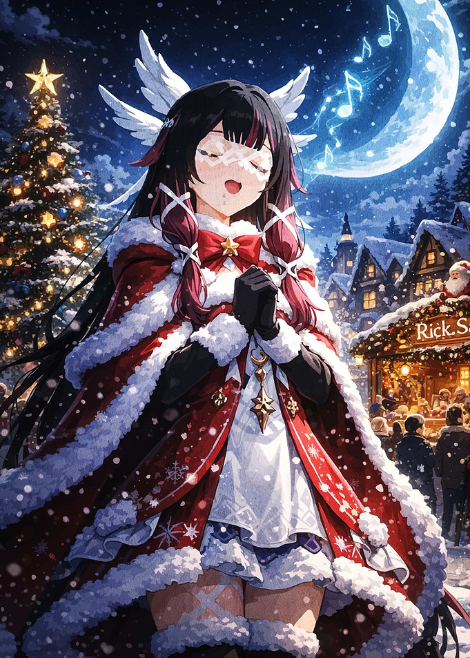 Anime Girl Christmas Caroling in Snowy Town