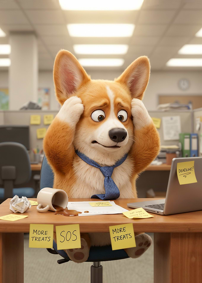 Funny Stressed Corgi at Work