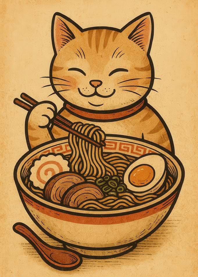 Cat Eating Ramen Illustration