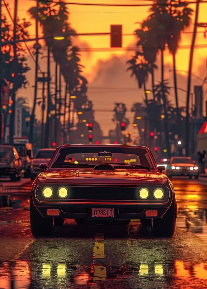 Classic Car on Wet City Street
