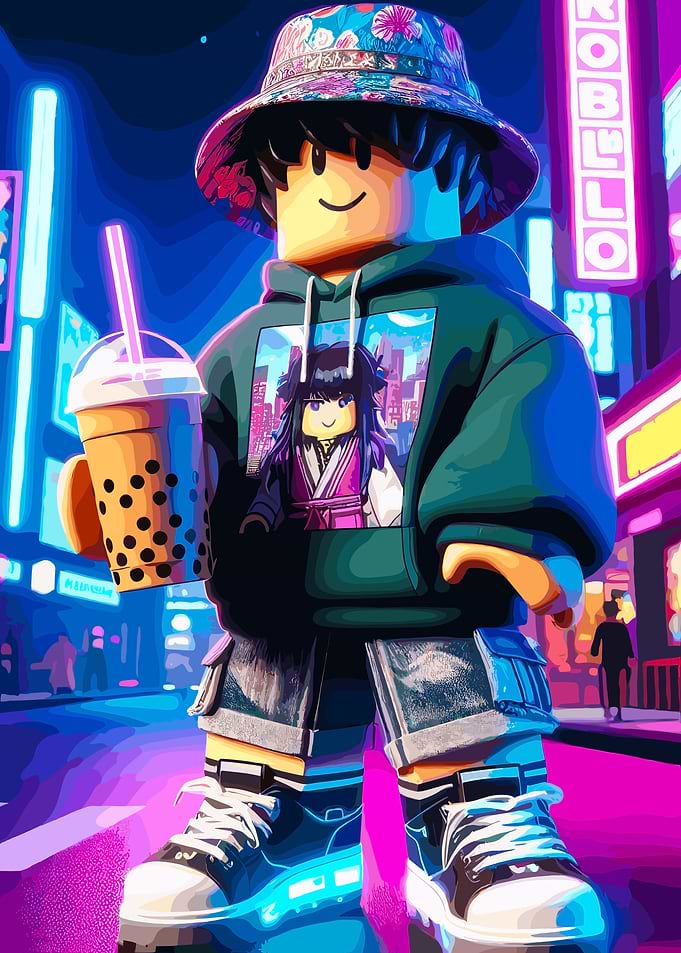 Roblox Character with Bubble Tea in City