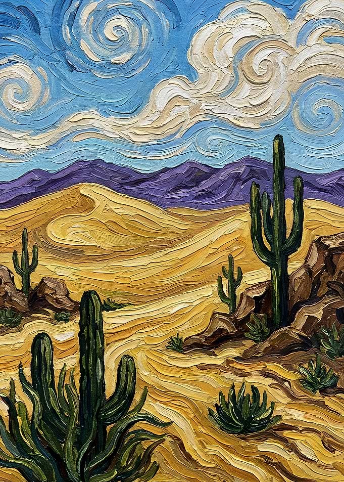 Desert Landscape Painting with Cacti