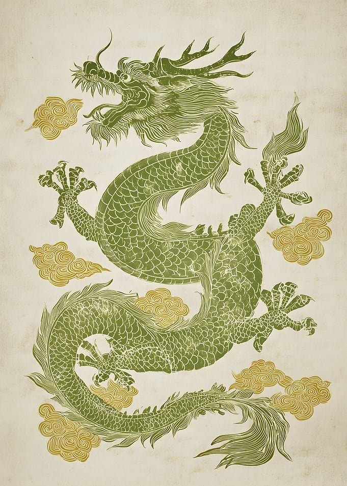 Green Dragon with Clouds Illustration