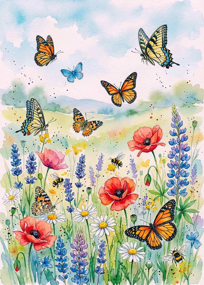 Watercolor Meadow with Butterflies and Bees