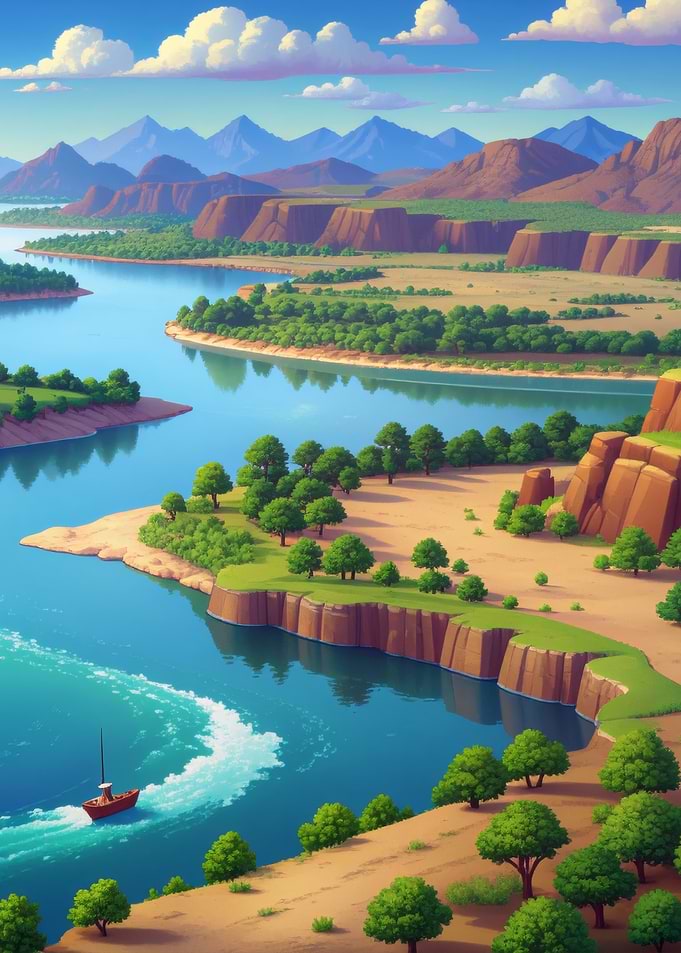 Cartoon Landscape with River and Boat