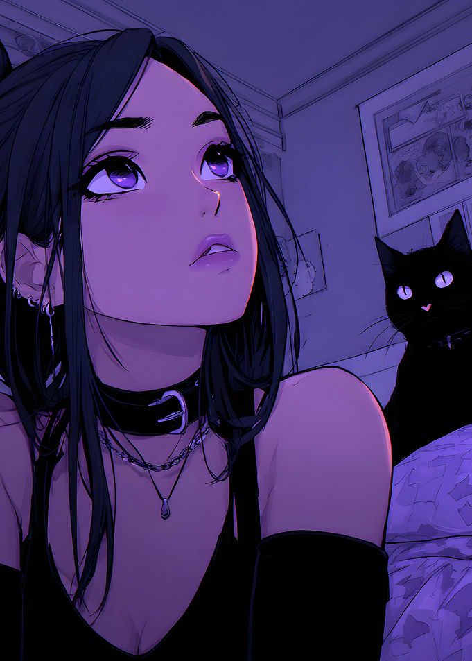 Anime Girl with Black Cat