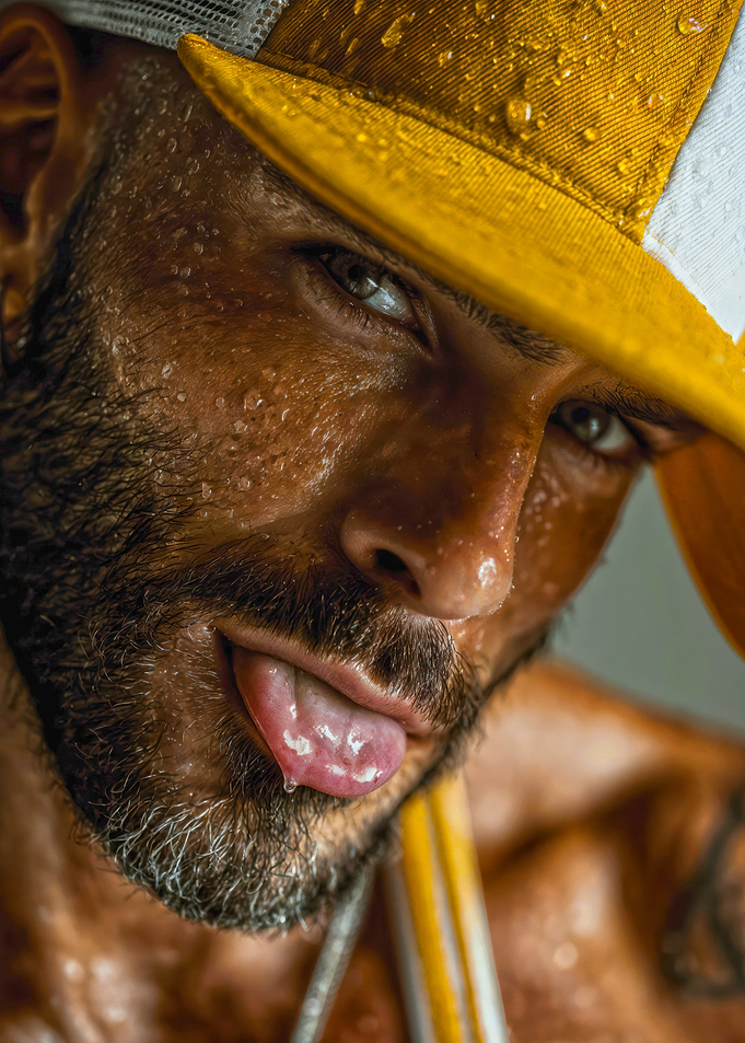 Sweaty Man Yellow Cap Portrait