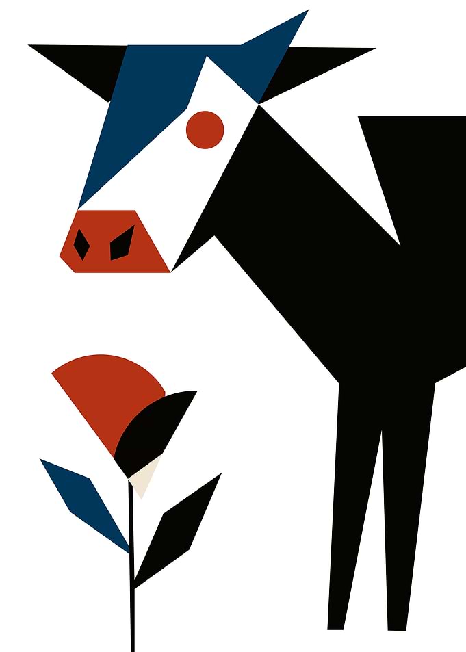 Geometric Cow and Flower Illustration