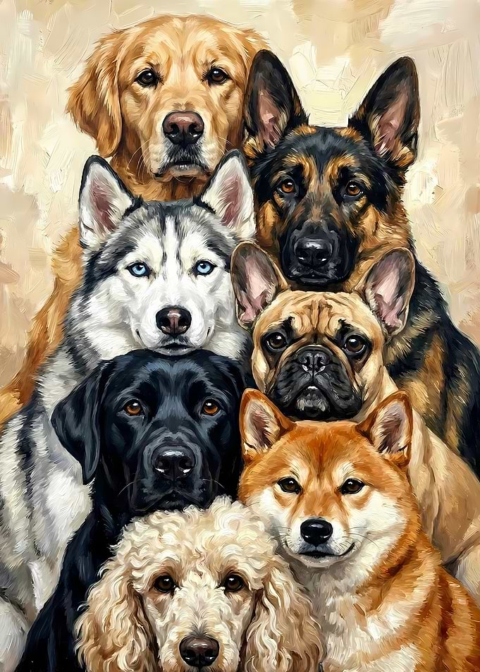 Group Portrait of Various Dog Breeds