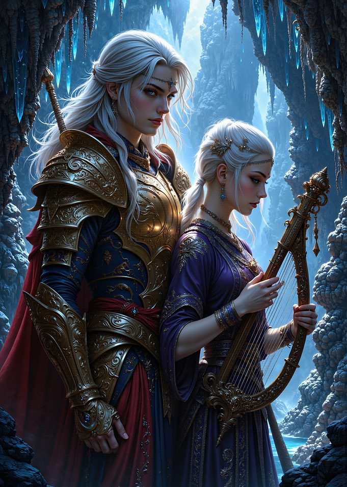 Fantasy Warrior and Musician in Cave