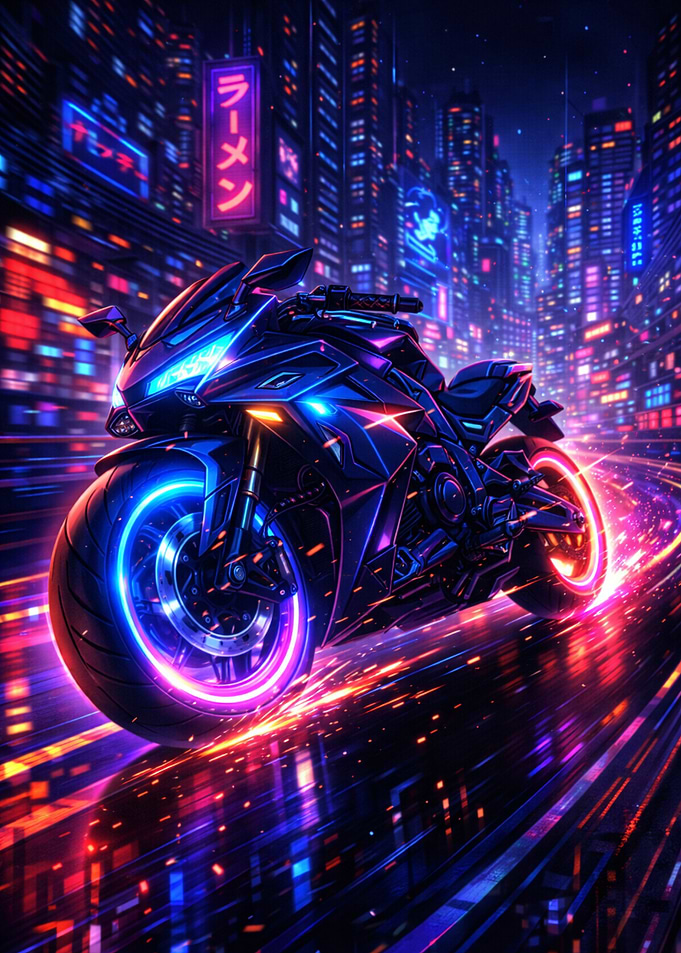 Cyberpunk Motorcycle in Neon Cityscape