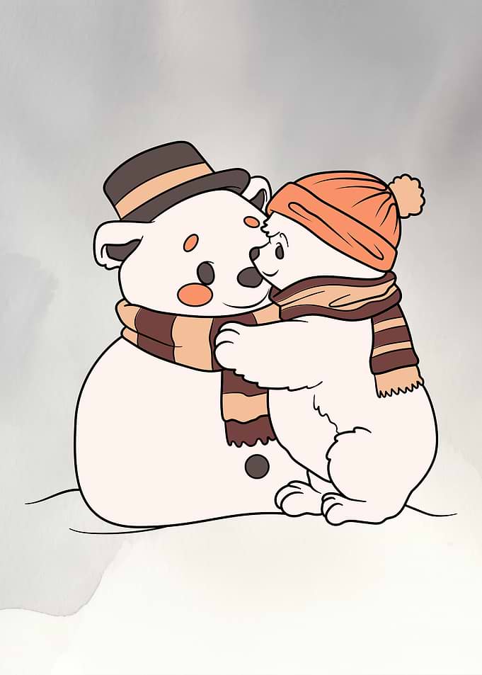 Cartoon Bear Hugging Snowman Illustration