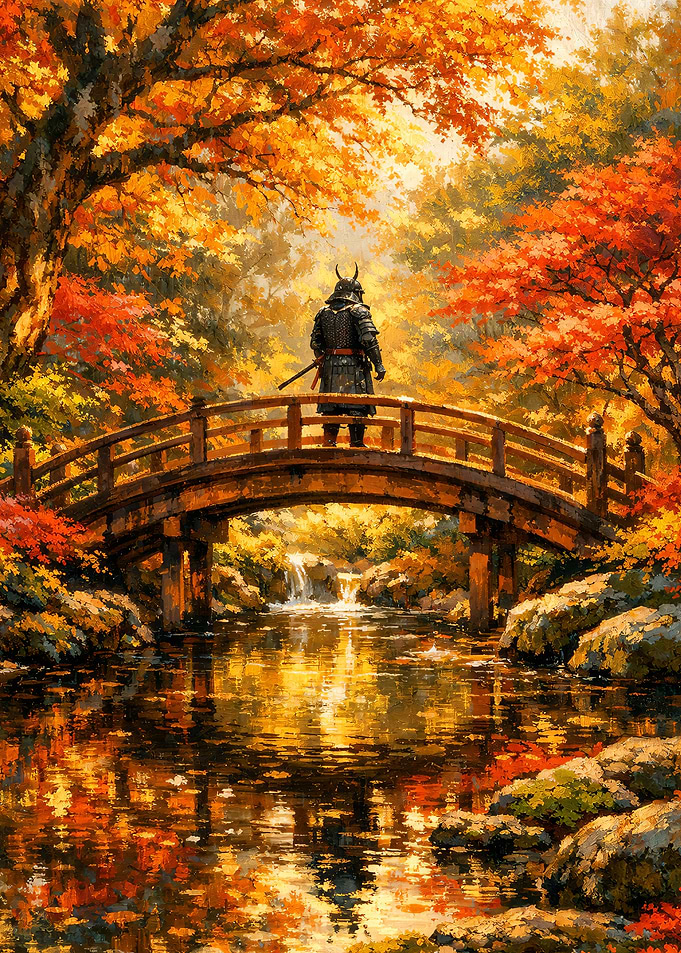 Samurai on Bridge in Autumn Landscape