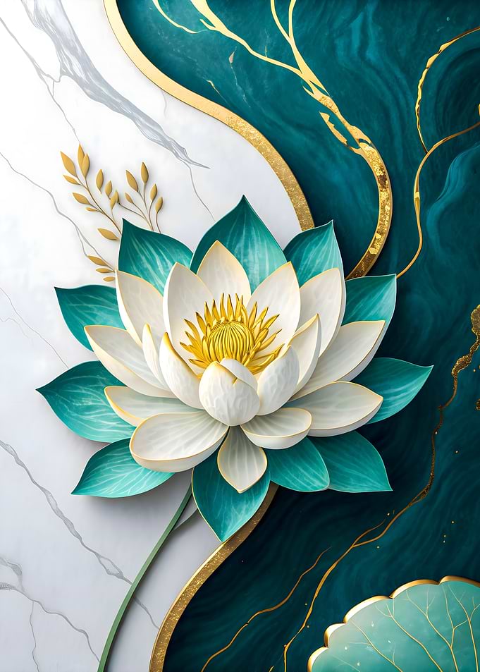 Luxury Lotus Flower Gold and Teal Marble Background Art Painting