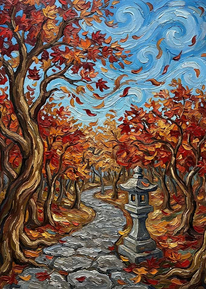 Autumn Path with Stone Lantern Painting