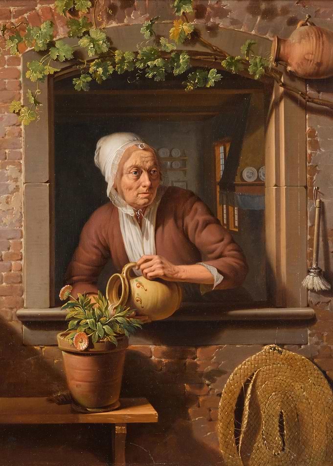 Old Woman Watering Flowers Painting