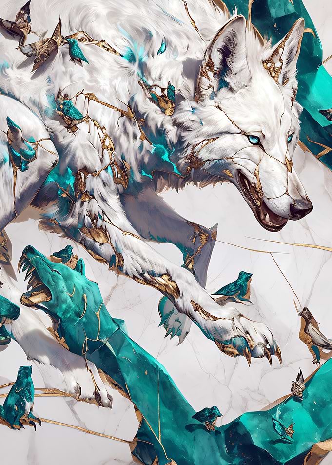 White Wolf with Birds and Emerald Accents