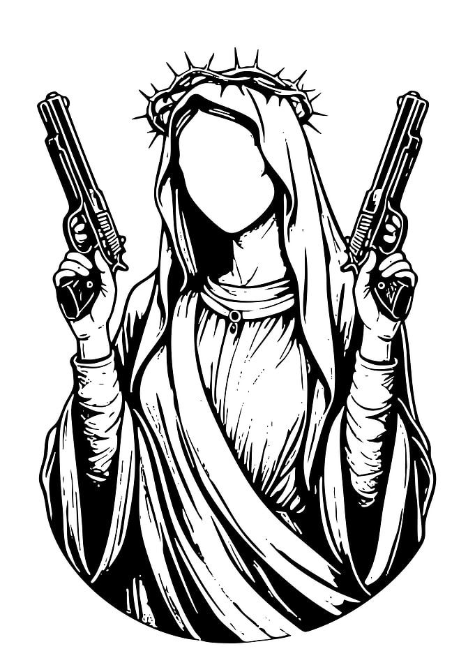 Gun-Wielding Virgin Mary Black and White Art