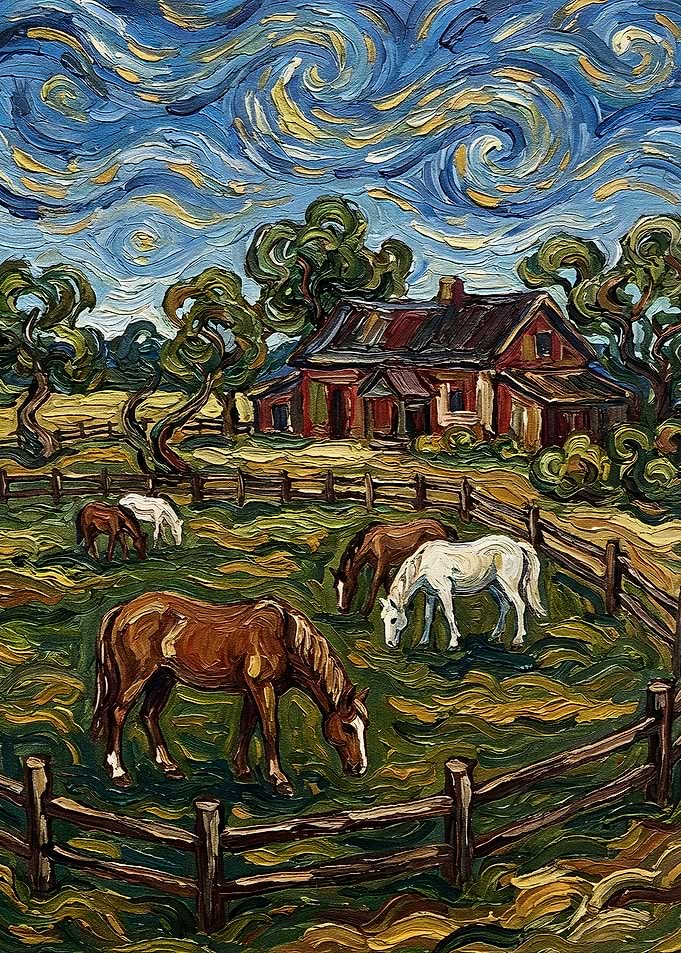 Horses Grazing Near Farmhouse Painting