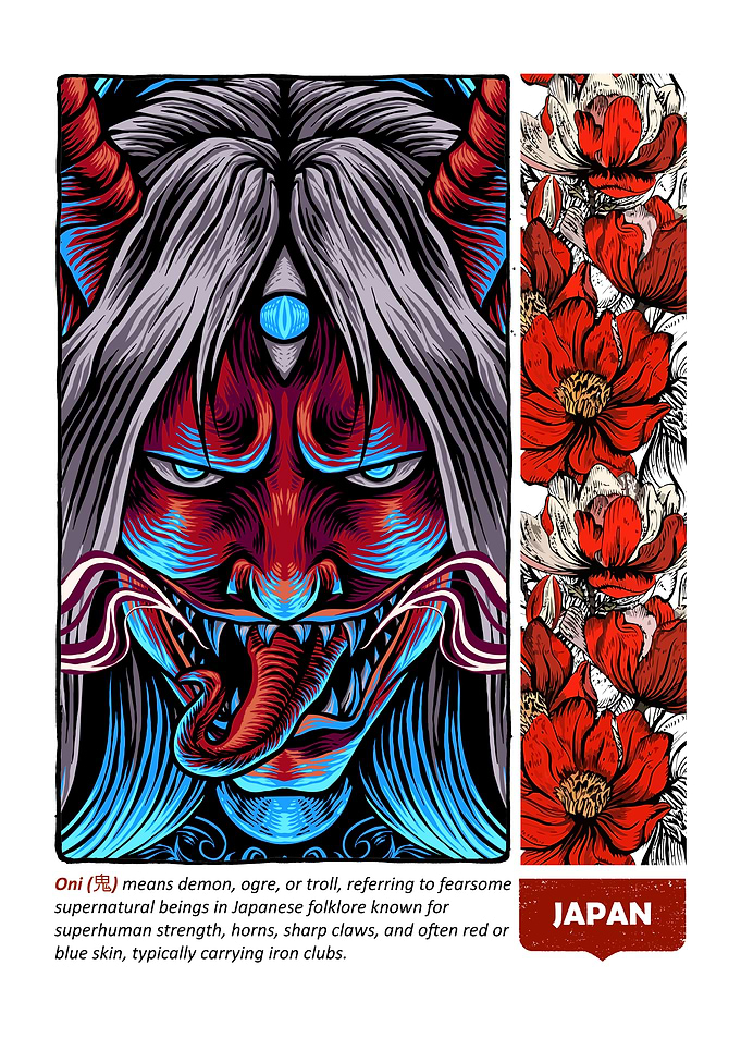 Japanese Oni Demon with Floral Design