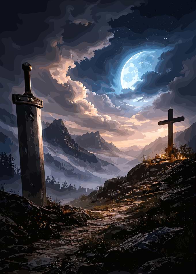 Fantasy Landscape with Sword and Cross