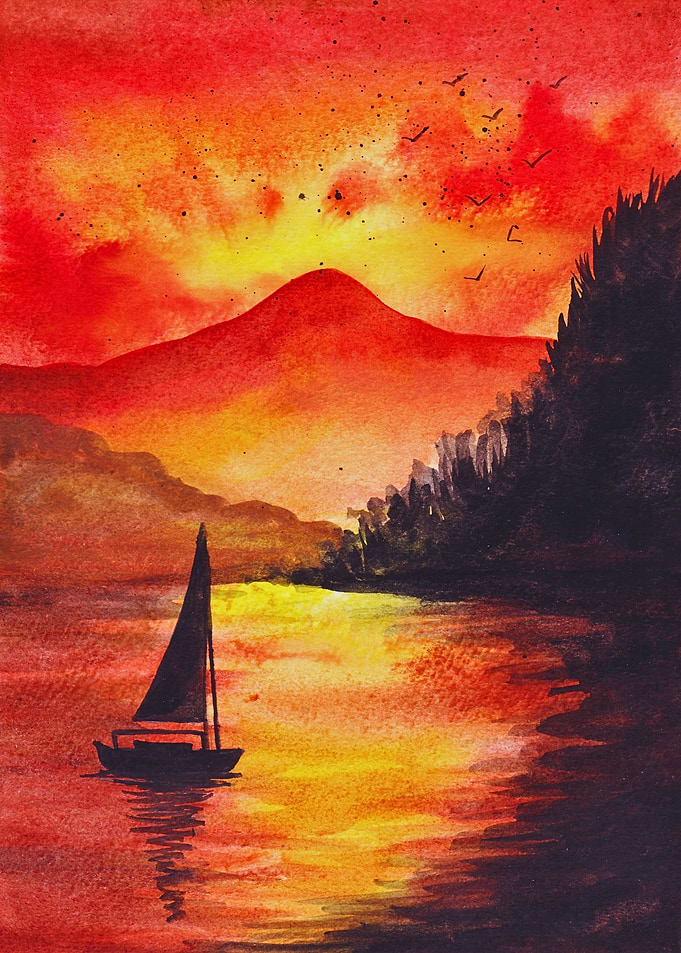 Watercolor Sunset with Sailboat and Mountain