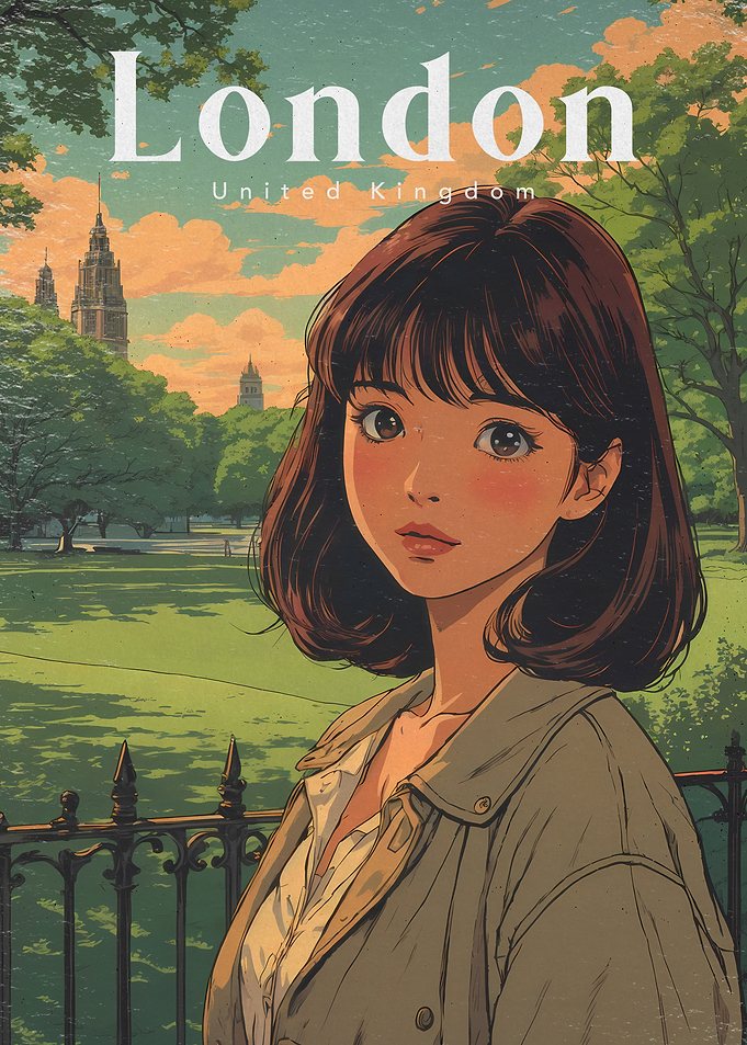 Anime Girl Walking Through Hyde Park Paths in Pastel Style