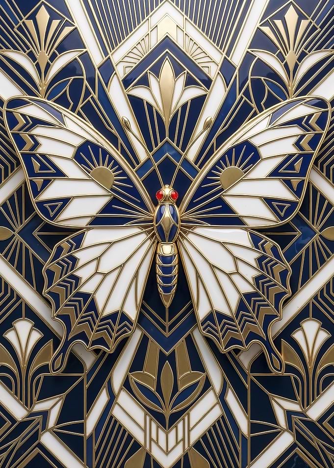 Art Deco Butterfly in Blue and Gold Geometry
