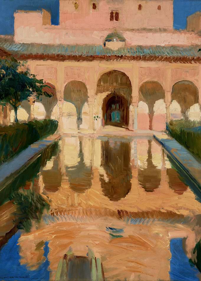 Moorish Courtyard Painting with Water Reflection