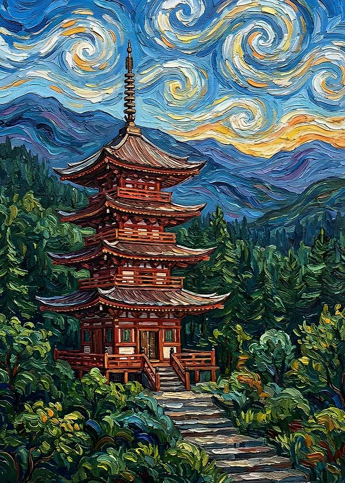 Japanese Pagoda in Van Gogh Style