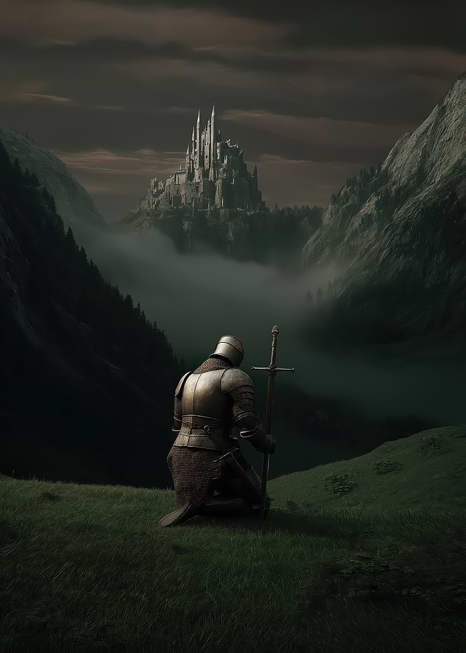 Kneeling Knight with Medieval Castle