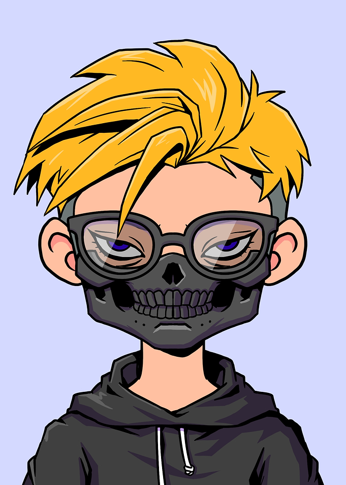 Cartoon character with skull mask and glasses