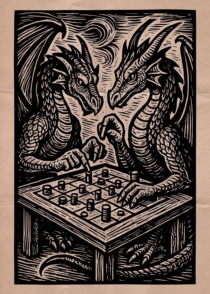 Dragons Playing Checkers Woodcut Art