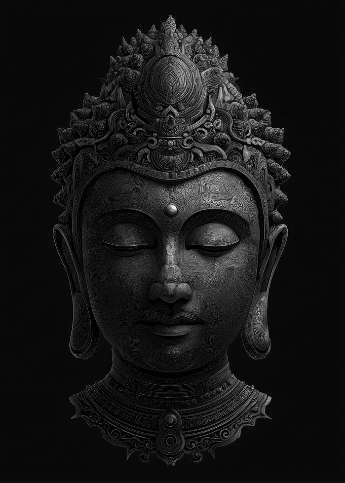 Monochromatic Buddha Head Sculpture