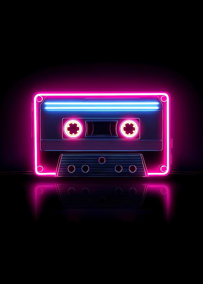 Neon Cassette Tape on Black Background