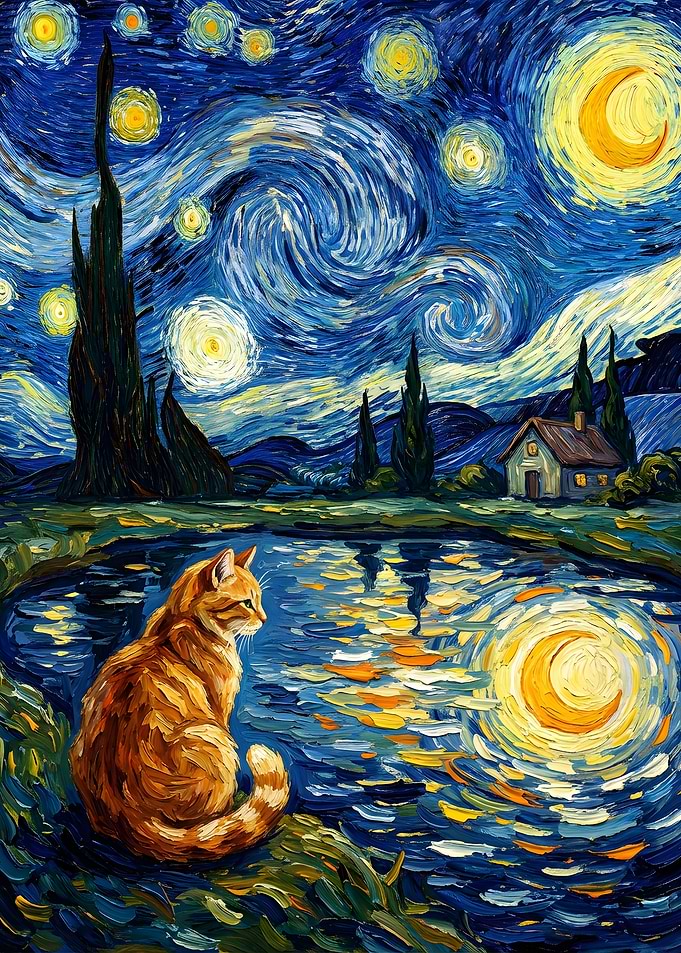 Cat gazing at Starry Night reflection