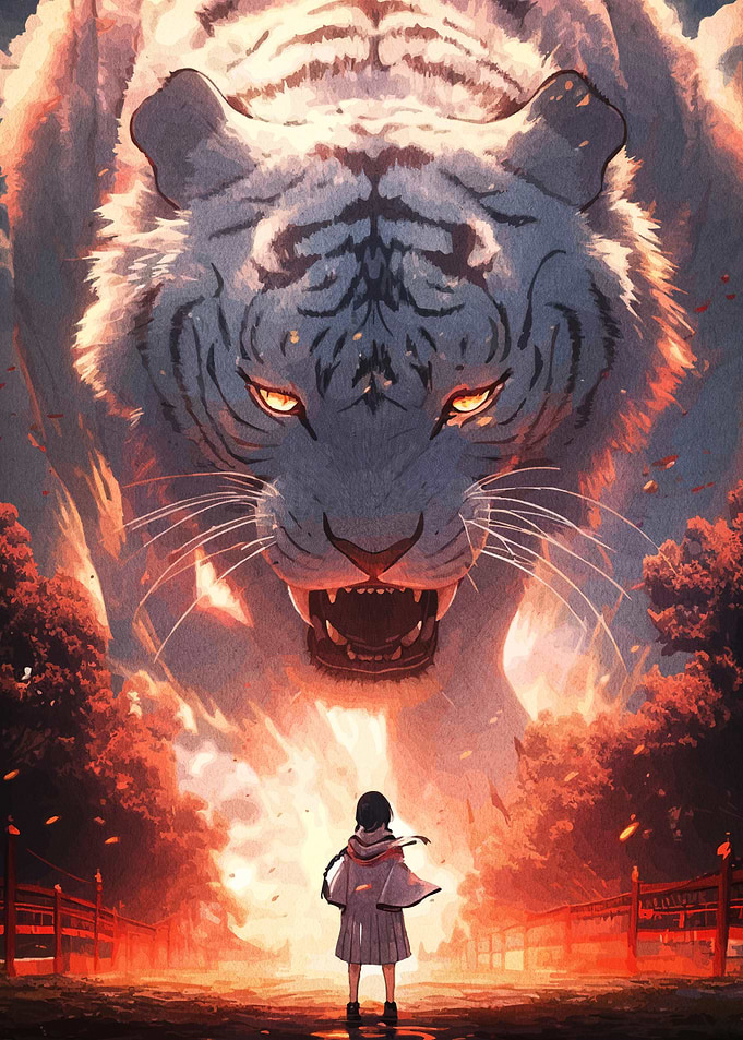 Girl facing giant white tiger