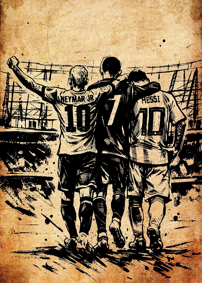 Neymar, Messi, and Teammate Illustration
