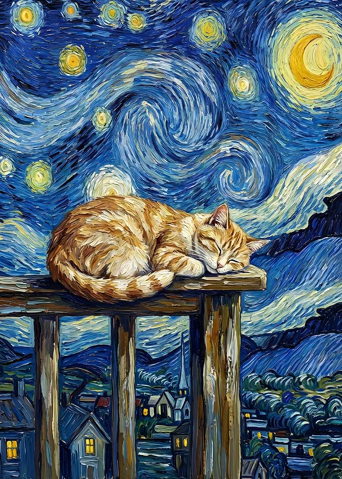 Cat Sleeping Under Starry Night Painting
