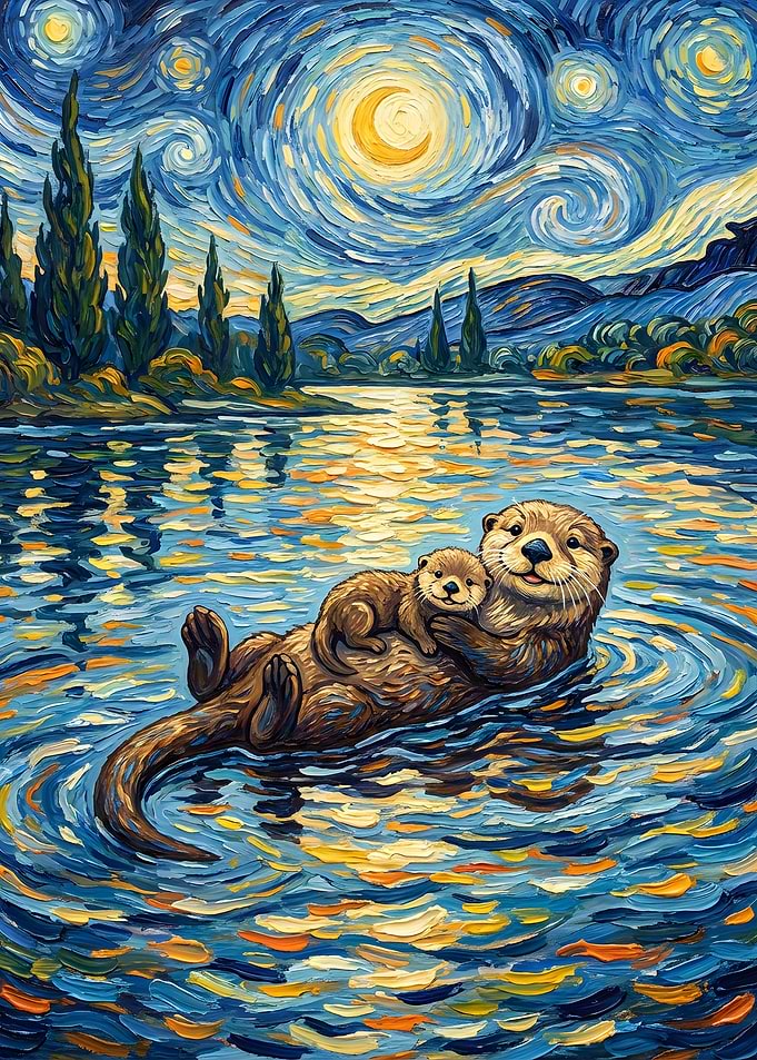Otter Family in Starry Night Style