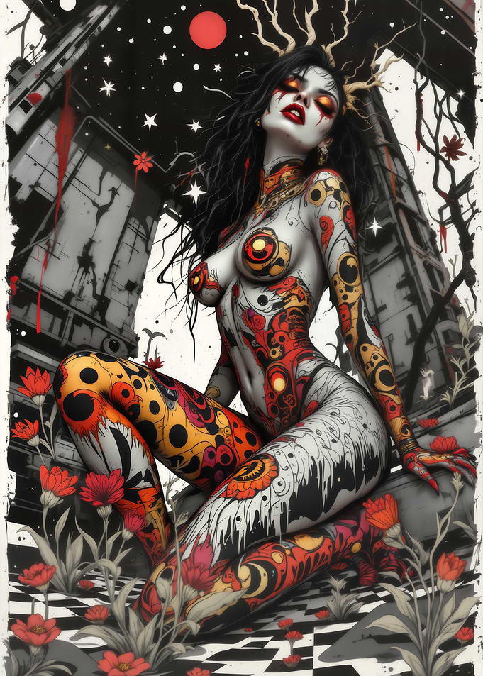 Tattooed Woman in Urban Fantasy Setting