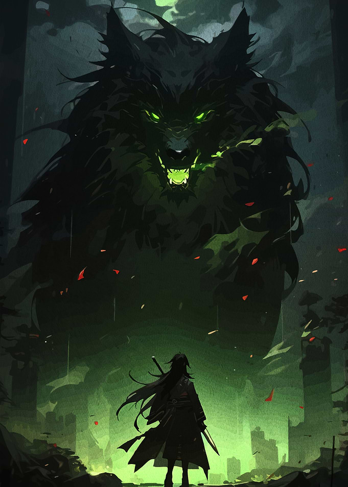 Giant Wolf and Warrior Confrontation